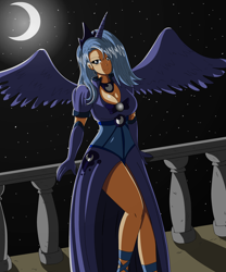 Size: 1000x1200 | Tagged: safe, artist:bocodamondo, princess luna, human, balcony, breasts, crescent moon, cute, female, horned humanization, humanized, lunabetes, night, princess balloona, s1 luna, solo, transparent moon, winged humanization