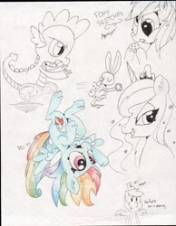 Size: 2544x3281 | Tagged: safe, artist:bloodyhellhayden, angel bunny, derpy hooves, princess luna, rainbow dash, spike, alicorn, dragon, pegasus, pony, boot, boots, chase, female, gem, mare, muffin, partial color, sketch dump, traditional art, upside down, vulgar