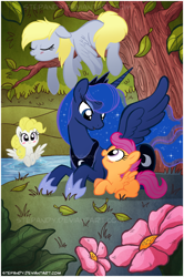 Size: 700x1052 | Tagged: safe, artist:stepandy, derpy hooves, princess luna, scootaloo, surprise, alicorn, pegasus, pony, g1, blushing, female, flower, g1 to g4, generation leap, leaves, mare, scootalove, sleeping, tree, water
