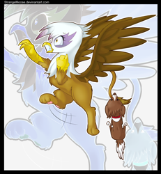 Size: 2310x2505 | Tagged: safe, artist:strangemoose, derpibooru import, gilda, winona, griffon, biting