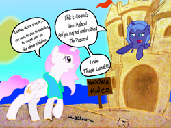 Size: 2048x1529 | Tagged: safe, artist:xulious, princess celestia, princess luna, alicorn, pony, beach, cewestia, filly, sandcastle, woona