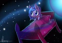 Size: 2942x2029 | Tagged: dead source, safe, artist:jggjqm522, princess luna, alicorn, pony, bed, solo, space