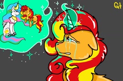 Size: 1152x764 | Tagged: safe, artist:galienyancats, princess celestia, sunset shimmer, alicorn, pony, unicorn, crying, memory, sad, sunsad shimmer