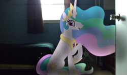 Size: 1024x612 | Tagged: safe, artist:natethebrony, princess celestia, bed, door, fan, irl, photo, ponies in real life, solo, vector, window