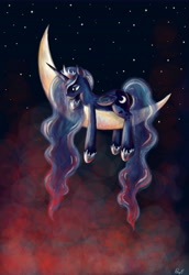 Size: 5000x7260 | Tagged: safe, artist:pponyoo, princess luna, alicorn, pony, absurd resolution, crescent moon, moon, prone, solo, tangible heavenly object