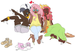 Size: 3110x2100 | Tagged: safe, artist:icey-wicey-1517, artist:lakanakana, color edit, edit, fluttershy, tree hugger, zecora, human, collaboration, alternate hairstyle, anklet, bandana, barefoot, belt, blushing, bracelet, brush, clothes, colored, converse, crying, cute, dark skin, ear piercing, earring, eyes closed, feather, feet, female, fetish, flats, flower, flower in hair, foot fetish, heart, heart eyes, humanized, jeans, jewelry, laughing, long skirt, nail polish, neck rings, one eye closed, open mouth, paintbrush, pants, piercing, sandals, shoes, shorts, simple background, skirt, sleeveless sweater, socks, soles, sports bra, sweater, sweatershy, tanktop, tears of laughter, tickle torture, tickling, transparent background, vest, wall of tags, wingding eyes, wristband