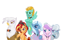 Size: 883x555 | Tagged: safe, artist:witchkirke, derpibooru import, diamond tiara, gilda, lightning dust, silver spoon, sunset shimmer, trixie, griffon, pony, alternate mane six, antagonist, antagonist six, older, older diamond tiara, older silver spoon