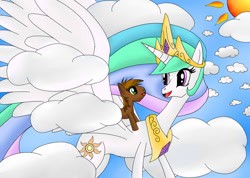 Size: 1024x730 | Tagged: safe, artist:nigel5469, princess celestia, oc, oc:ben mare, alicorn, pony, female, jussonic, momlestia, mother and child, mother and son, parent and child