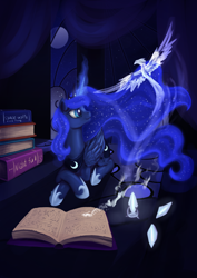 Size: 2480x3508 | Tagged: safe, artist:dalagar, princess luna, alicorn, phoenix, pony, animal, book, conjuring, crystal, dark, female, glow, ice phoenix, magic, mare, night, patronus, pile