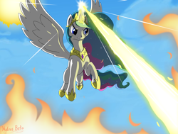 Size: 1144x866 | Tagged: safe, artist:hydrusbeta, princess celestia, alicorn, pony, fire, laser, laser beam, magic, magic blast, smiting, solar beam, solo