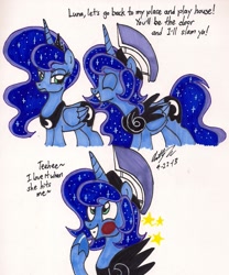 Size: 1277x1536 | Tagged: safe, artist:newyorkx3, prince artemis, princess luna, alicorn, pony, female, lunartemis, male, rule 63, self ponidox, selfcest, this will end in pain, traditional art