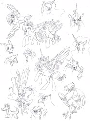 Size: 1610x2148 | Tagged: safe, artist:weirdofish, derpibooru import, angel bunny, applejack, discord, fluttershy, gilda, gummy, nightmare moon, princess luna, queen chrysalis, rainbow dash, twilight sparkle, twilight sparkle (alicorn), oc, alicorn, changeling, changeling queen, earth pony, griffon, pegasus, pony, alicorn oc, monochrome, sketch dump