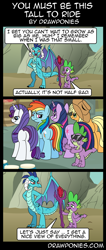 Size: 850x2000 | Tagged: safe, artist:drawponies, applejack, princess ember, rainbow dash, rarity, spike, twilight sparkle, dragon, earth pony, pegasus, pony, unicorn, angry, bloodstone scepter, comic, dialogue, dragon lord spike, eyes on the prize, frown, lidded eyes, line-up, looking back, open mouth, plot, plotline, smiling, sunglasses, the ass was fat