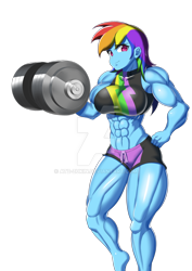 Size: 752x1063 | Tagged: safe, artist:atz-zukin, rainbow dash, equestria girls, abs, biceps, bodybuilder, breasts, clothes, deltoids, dumbbell (object), female, flexing, looking at you, muscles, rainboob dash, rainbuff dash, simple background, solo, swimsuit, thunder thighs, transparent background, watermark