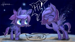 Size: 3675x2064 | Tagged: safe, artist:jggjqm522, prince artemis, princess luna, alicorn, pony, artemabetes, cute, lunartemis, moon, rule 63, rule63betes, self ponidox, shy, woona, younger