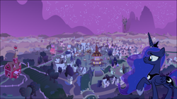 Size: 1600x904 | Tagged: safe, artist:gizemyorganci, princess luna, alicorn, pony, night, ponyville, raised hoof, solo