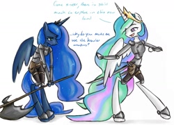 Size: 1640x1182 | Tagged: safe, artist:general-grievous101, princess celestia, princess luna, anthro, unguligrade anthro, armor, axe, trollestia, warrior celestia, warrior luna, weapon