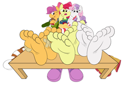 Size: 2421x1668 | Tagged: safe, artist:superyogtendo, apple bloom, scootaloo, sweetie belle, anthro, earth pony, pegasus, unicorn, apple bloomed, barefoot, boobaloo, breasts, chocolate, clothes, cutie mark crusaders, drink, feet, feet on table, fetish, food, foot fetish, foot focus, footsie, interlocking toes, older, older apple bloom, older scootaloo, older sweetie belle, popcorn, shoes, shoes off, simple background, soles, toes, white background