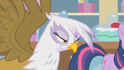 Size: 1023x575 | Tagged: safe, derpibooru import, screencap, gilda, twilight sparkle, griffon, griffon the brush off, angry