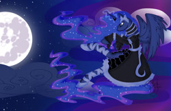 Size: 1024x663 | Tagged: safe, artist:d3571ny, princess luna, alicorn, pony, clothes, dress, moon, solo