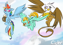 Size: 1400x1000 | Tagged: safe, artist:cider, derpibooru import, gilda, lightning dust, rainbow dash, griffon, pegasus, pony, cider, drink, flying