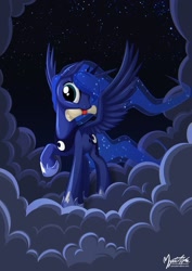 Size: 996x1404 | Tagged: safe, artist:mysticalpha, princess luna, alicorn, pony, cloud, cloudy, mouth hold, scroll, solo