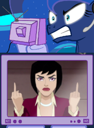 Size: 422x576 | Tagged: safe, princess luna, alicorn, pony, dc comics, exploitable meme, gamer luna, lois lane, middle finger, superman, superman unbound, tv meme, vulgar