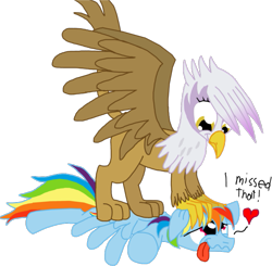 Size: 691x677 | Tagged: safe, artist:cgeta, derpibooru import, gilda, rainbow dash, griffon, pegasus, pony, heart