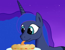 Size: 1556x1200 | Tagged: safe, artist:crusierpl, princess luna, alicorn, pony, drool, licking, night, sandwich, solo, tongue out