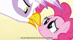 Size: 852x468 | Tagged: safe, derpibooru import, screencap, gilda, pinkie pie, earth pony, griffon, pony, griffon the brush off, meme, youtube caption