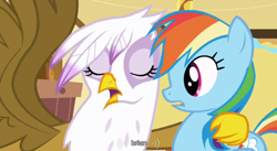 Size: 854x469 | Tagged: safe, derpibooru import, screencap, gilda, rainbow dash, griffon, pegasus, pony, griffon the brush off, meme, youtube caption