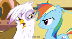 Size: 853x469 | Tagged: safe, derpibooru import, screencap, gilda, rainbow dash, griffon, pegasus, pony, griffon the brush off, meme, youtube caption