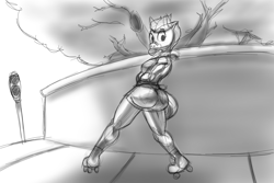 Size: 3000x2000 | Tagged: safe, artist:tracerpainter, oc, oc:spitdash kid, anthro, earth pony, booty shorts, building, graffiti, grayscale, large butt, monochrome, skating, sketch, text, the ass was fat, thunder thighs, tree, wide hips