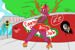 Size: 2160x1440 | Tagged: safe, artist:tracerpainter, oc, oc:spitdash kid, anthro, earth pony, booty shorts, bottom heavy, building, graffiti, large butt, plot, skating, text, the ass was fat, thunder thighs, tree, wide hips