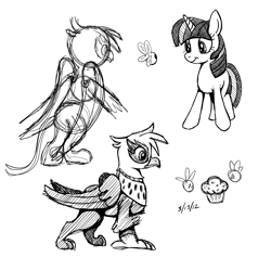 Size: 1058x1054 | Tagged: safe, artist:subtlepixel, derpibooru import, gilda, twilight sparkle, griffon, parasprite, monochrome, muffin