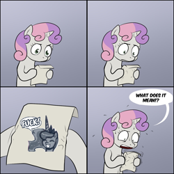 Size: 1280x1280 | Tagged: safe, artist:johnjoseco, artist:lemondevil, princess luna, sweetie belle, alicorn, pony, unicorn, bipedal, comic, dialogue, exploitable meme, female, filly, gradient background, hoof hold, horn, letter, meme, paper, solo, speech bubble, sweetie's note meme, two toned hair, two toned mane, vulgar, white coat