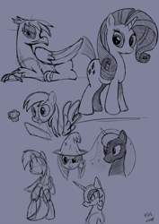 Size: 1240x1753 | Tagged: safe, artist:subtlepixel, derpibooru import, derpy hooves, gilda, nightmare moon, princess luna, rarity, trixie, alicorn, griffon, pegasus, pony, unicorn, female, mare, monochrome, muffin, sketch dump