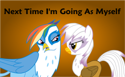 Size: 4050x2500 | Tagged: safe, artist:jackspade2012, derpibooru import, gilda, rainbow dash, griffon, pegasus, pony, costume, dialogue, hilarious in hindsight, palette swap, text