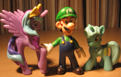 Size: 557x351 | Tagged: safe, artist:solrac31337, lyra heartstrings, princess luna, human, crossover, figure, irl, luigi, nintendo, photo, super mario bros., toy