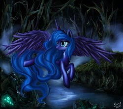 Size: 800x711 | Tagged: safe, artist:daffydream, princess luna, alicorn, pony, everfree forest, flying, scenery, solo