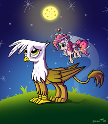 Size: 784x900 | Tagged: safe, artist:tobibrocki, derpibooru import, gilda, pinkie pie, earth pony, griffon, pony, space