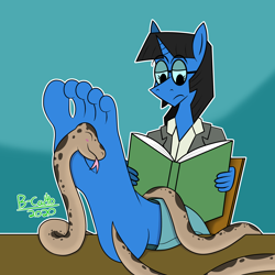 Size: 2500x2500 | Tagged: safe, artist:b-cacto, oc, oc only, oc:mint petal, anthro, plantigrade anthro, snake, book, chair, feet, feet on table, fetish, foot fetish, glasses, reading, table