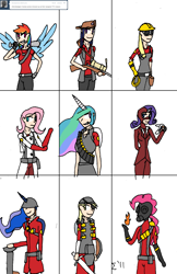 Size: 1653x2548 | Tagged: safe, artist:sigmatheartist, applejack, derpy hooves, fluttershy, pinkie pie, princess celestia, princess luna, rainbow dash, rarity, twilight sparkle, human, ask ponies as humans, crossover, humanized, team fortress 2