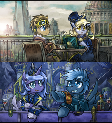 Size: 700x769 | Tagged: safe, artist:saturnspace, derpy hooves, doctor whooves, princess luna, star hunter, alicorn, pegasus, pony, breakfast, canterlot, clockpunk, clockwise whooves, contrast, doctor who, female, jack harkness, mare, muffin, night, pointing, tea, wine, wine bottle, wine glass