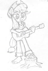 Size: 774x1141 | Tagged: safe, artist:dertikleen, applejack, anthro, plantigrade anthro, acoustic guitar, barefoot, feet, fetish, foot fetish, foot tapping, guitar, monochrome, musical instrument, solo, tapping, traditional art, tree stump