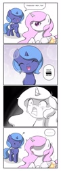 Size: 700x1950 | Tagged: safe, artist:jdan-s, princess celestia, princess luna, alicorn, pony, 4koma, :3, censored, censored dialogue, cewestia, comic, cute, filly, floppy ears, hidden eyes, implied yaoi, lucky star, messy mane, pink-mane celestia, question mark, shivering, shocked, smiling, swearing, wide eyes, woona