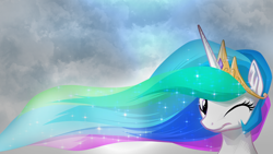 Size: 1920x1080 | Tagged: dead source, safe, artist:aumashy, artist:mysticalpha, edit, princess celestia, alicorn, pony, crown, dat mane, solo, vector, wallpaper, wink