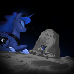 Size: 1280x1280 | Tagged: safe, artist:doomy, princess luna, human, astronaut, banishment, beautiful, crying, grave, luna and the nauts, memorial, moon, neil armstrong, photo, sad, space