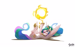 Size: 2560x1600 | Tagged: safe, artist:mysticalpha, princess celestia, alicorn, pony, ball, behaving like a cat, cute, cutelestia, eyes on the prize, female, happy, hoof shoes, hoofy-kicks, jewelry, legs in air, lidded eyes, mare, on back, open mouth, peytral, playing, plot, signature, simple background, smiling, solo, spread wings, sun, tangible heavenly object, tiara, underhoof, wallpaper, white background, wings