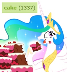 Size: 431x463 | Tagged: safe, princess celestia, alicorn, pony, 1337, cake, cakelestia, derpimilestone, get, meta, milestone, solo